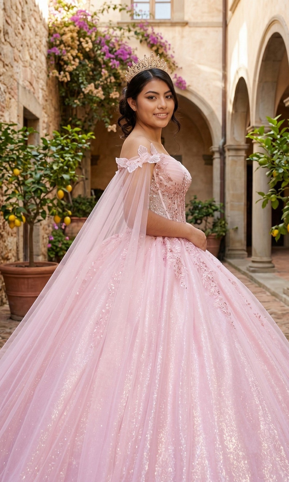 A young woman wearing the Quinceanera Dress 8270J by Cinderella Couture and a tiara stands in a stone courtyard framed by lemon trees and flowering vines.